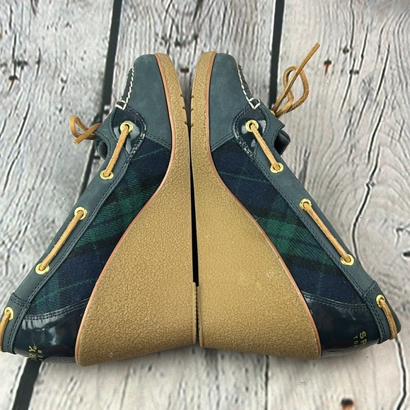 SPERRY GOLDFISH Navy & Green Slip On Leather Lace Wedges - Picture 17 of 17